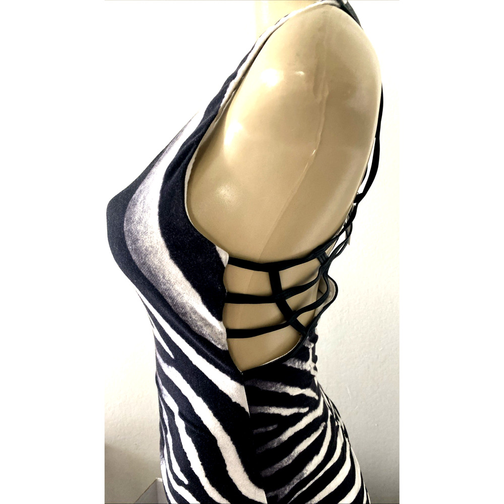 NWT SKY Dress Scoop Sleeveless Maxi Ruched Zebra Animal Print Cut Out Leather M - Picture 7 of 13